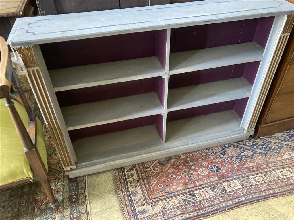 A small pine blue painted open bookcase, width 120cm depth 24cm height 83cm